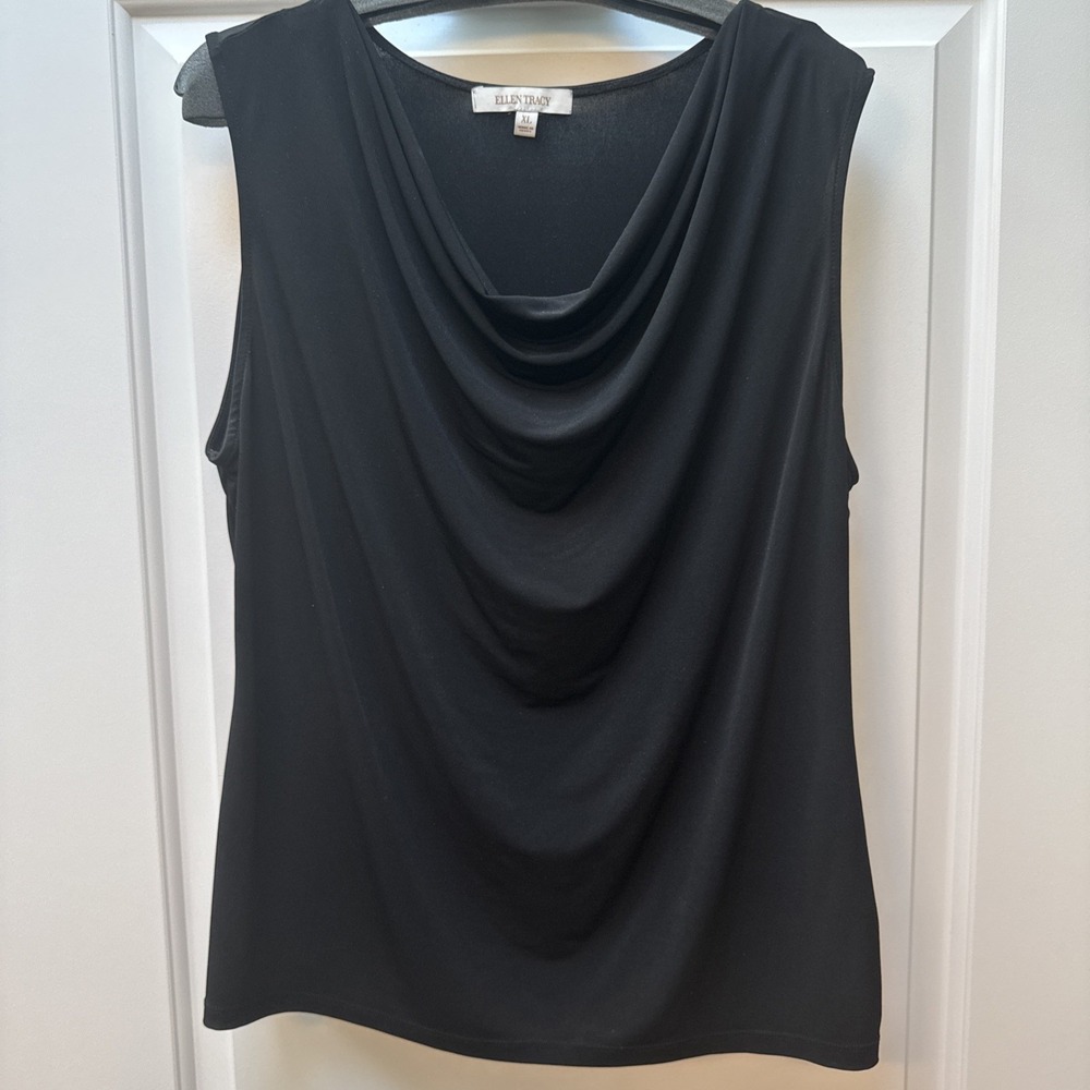 Ellen Tracy Sleeveless Blouse Women's Size XL Black With Draped Neckline stretch